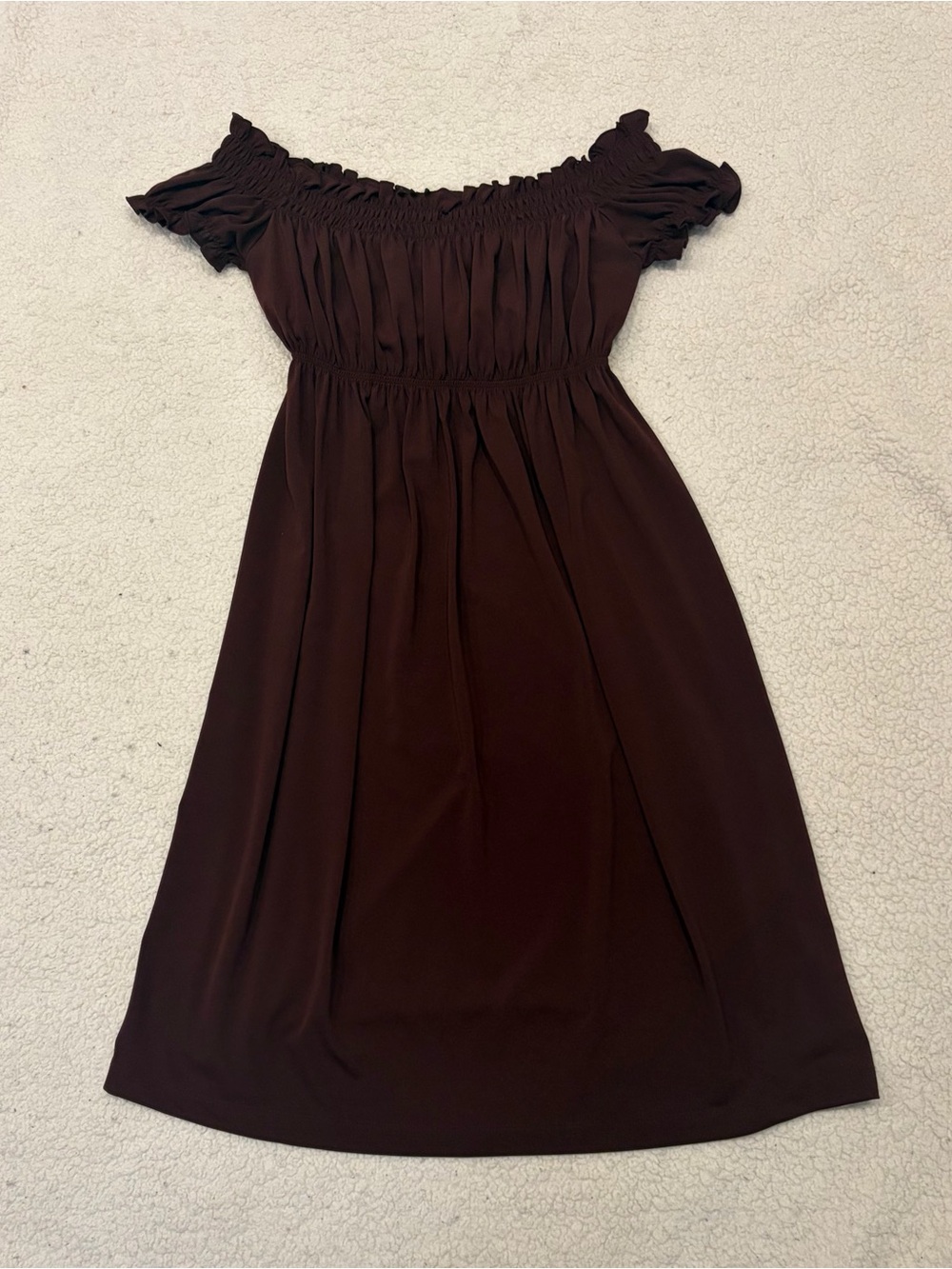 Moda International Burgundy Off-the-Shoulder Smocked Midi Dress (Size S)